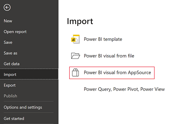 顯示如何從Power B I 檔案選單存取 AppSource 中 Power BI 視覺效果的螢幕快照。