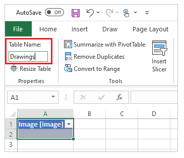 將資料表重新命名為 Drawings。