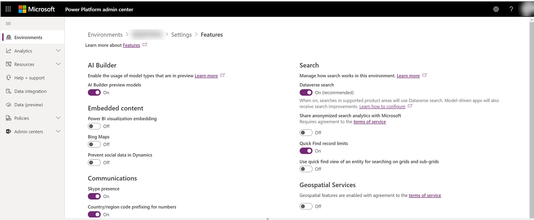 Power Platform 系統管理中心啟用 Dataverse 搜尋