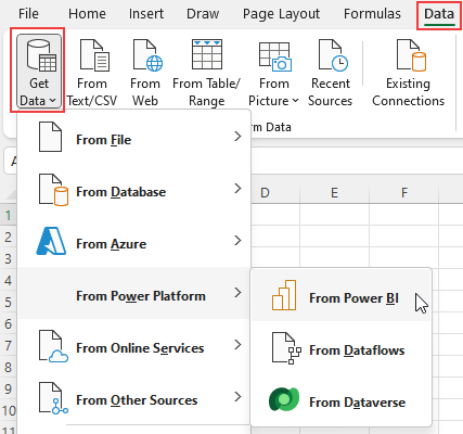 此螢幕擷取畫面顯示從 [資料] 索引標籤取得 Power BI 資料。