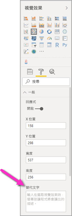 [視覺效果] 窗格的螢幕擷取畫面，其中醒目提示替代文字方塊。