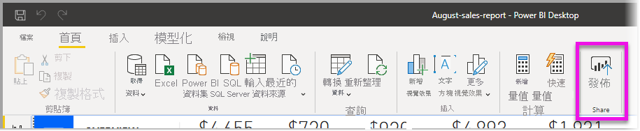 Power BI 首頁功能區的螢幕擷取畫面，其中醒目提示 [發佈]。