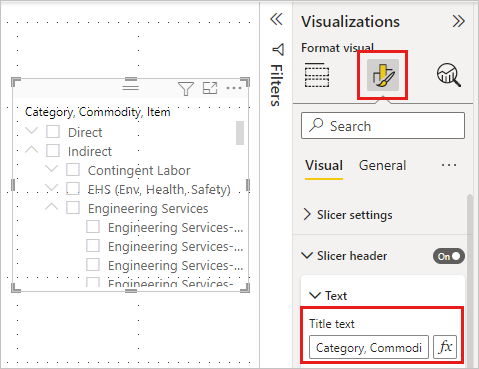 Power BI Desktop 中具有目前標題的 [格式] 窗格螢幕擷取畫面。