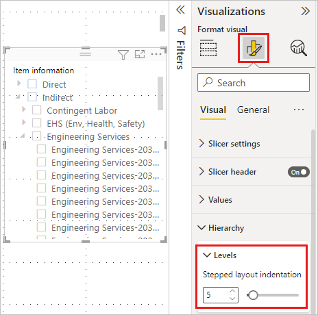 Power BI Desktop 中設定階層交叉分析篩選器縮排的螢幕擷取畫面。