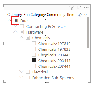 Power BI 中單選階層交叉分析篩選器的螢幕擷取畫面。