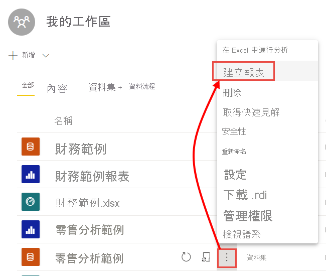 [我的工作區] 螢幕擷取畫面，其中醒目提示 [更多選項] 和 [建立報表]。