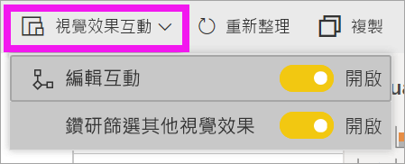 Power BI 服務的螢幕擷取畫面，其中反白顯示 [視覺效果互動] 下拉式清單。