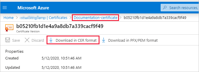 Azure 入口網站視窗的螢幕擷取畫面，其中顯示醒目提示的 [以 CER 格式下載] 按鈕。