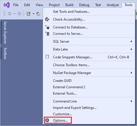 Visual Studio 視窗的螢幕擷取畫面，其中顯示 [工具] 功能表中醒目提示的 [選項] 按鈕。