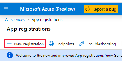 Azure 入口網站中 [應用程式註冊] 頁面的螢幕擷取畫面。醒目提示 [新增註冊]。