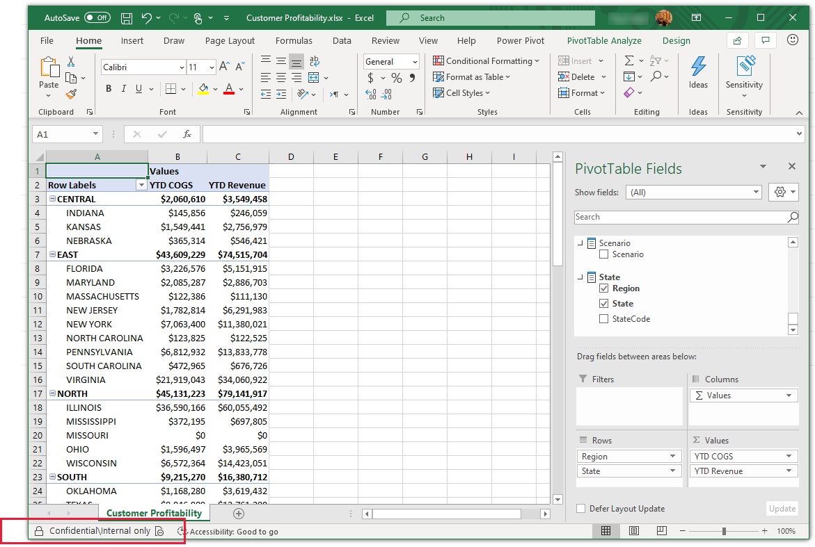 Excel 的螢幕擷取畫面，其中顯示透過即時連線從語意模型繼承的敏感度標籤。