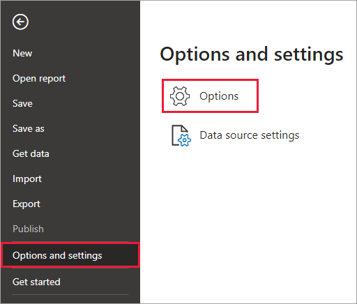 Power BI Desktop 的螢幕擷取畫面，其中顯示 [選項] 按鈕。