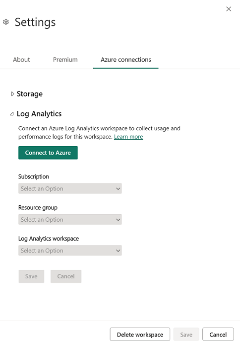 螢幕擷取畫面顯示在 [設定] 窗格中開啟的 [Azure 連線] 索引標籤，其中 Log Analytics 已展開。