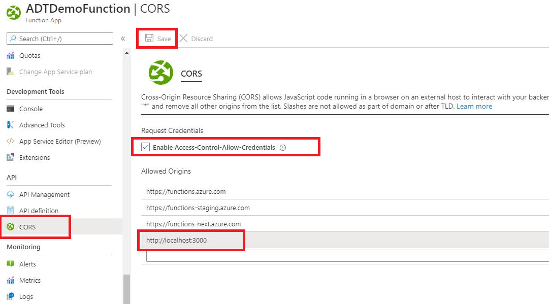 顯示 Azure 函式中 CORS 設定之 Azure 入口網站 的螢幕快照。