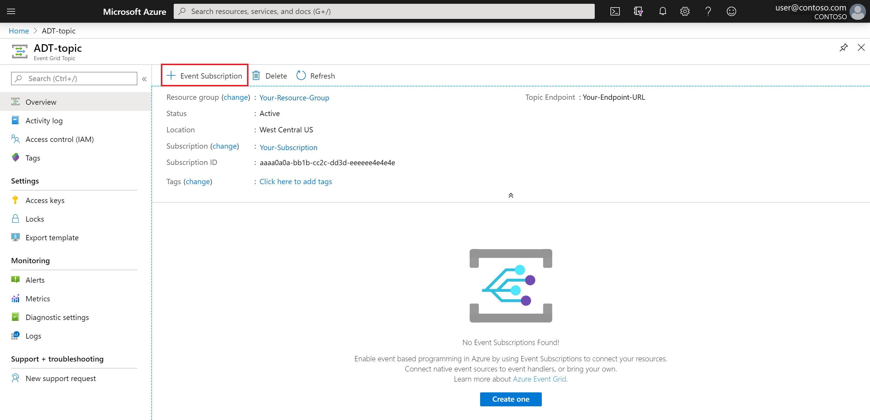 如何在 Azure 入口網站 中建立事件訂閱的螢幕快照。