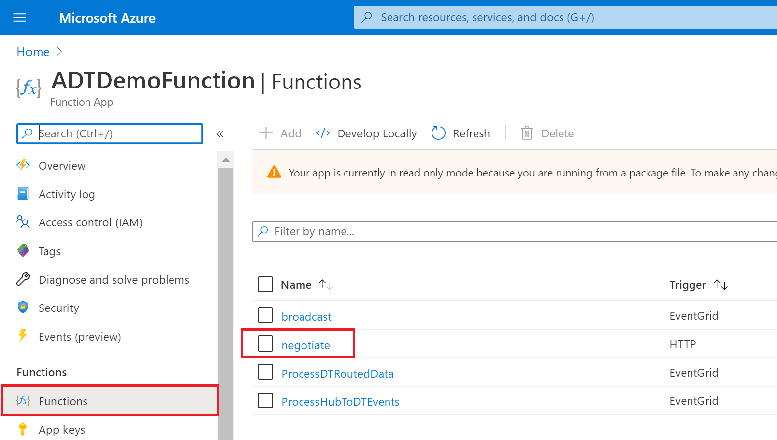 Azure 入口網站 函式應用程式的螢幕快照，其中 [函式] 已醒目提示功能表的 [函式]，並在函式清單中醒目提示 [交涉]。