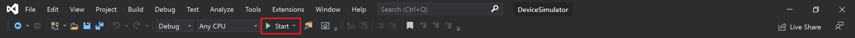 Visual Studio [開始] 按鈕的螢幕快照，其中已開啟 DeviceSimulator 專案。