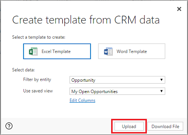 按一下 [上傳] 將 Excel 範本新增至 Dynamics 365