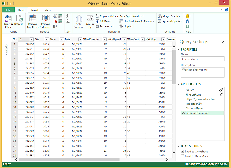 Figure 1 - Importing data from HDInsight with Power Query 