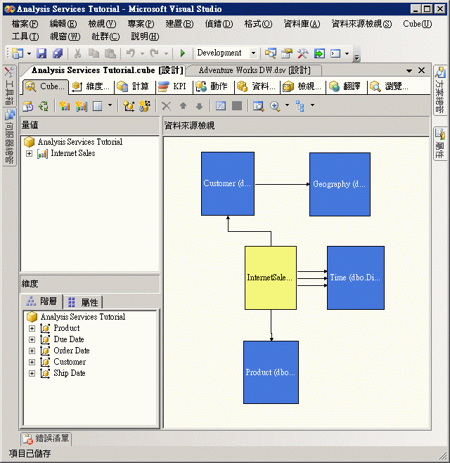 在 Cube 設計師中的 Analysis Services 教學課程 Cube