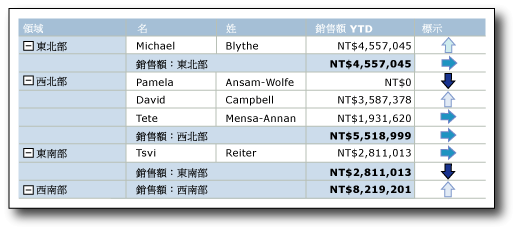 包含以藍色陰影做為指標箭頭的報表