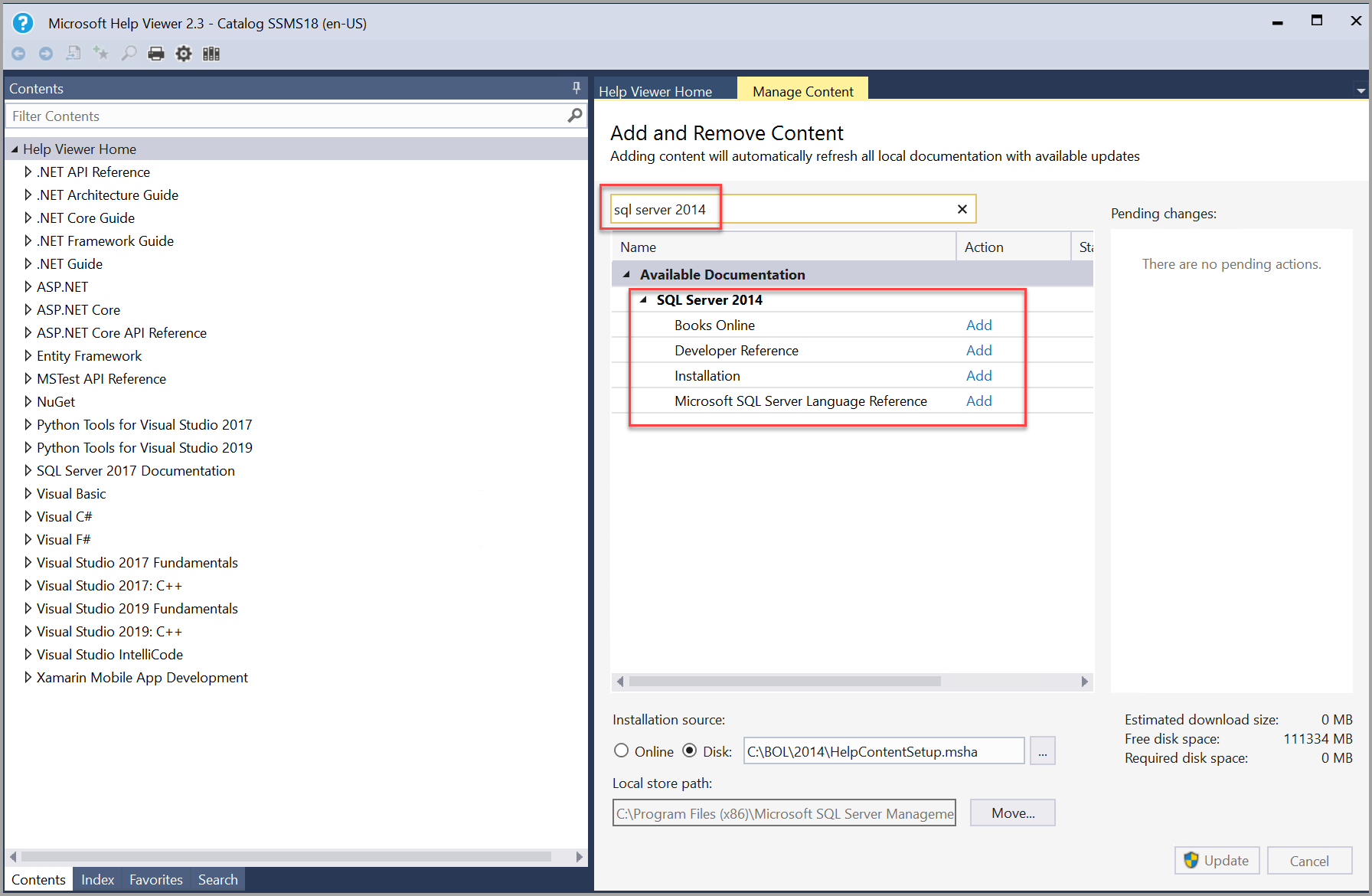 [說明檢視器] 中的 SQL Server 2014 書籍搜尋