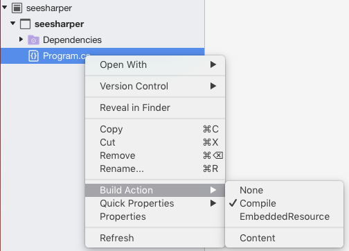 Selecting Compile build action from Solution Explorer