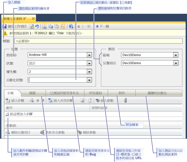 測試案例的工作項目表單