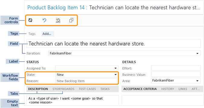 Work item form elements and controls