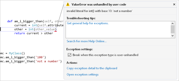 Exception popup in the Visual Studio debugger