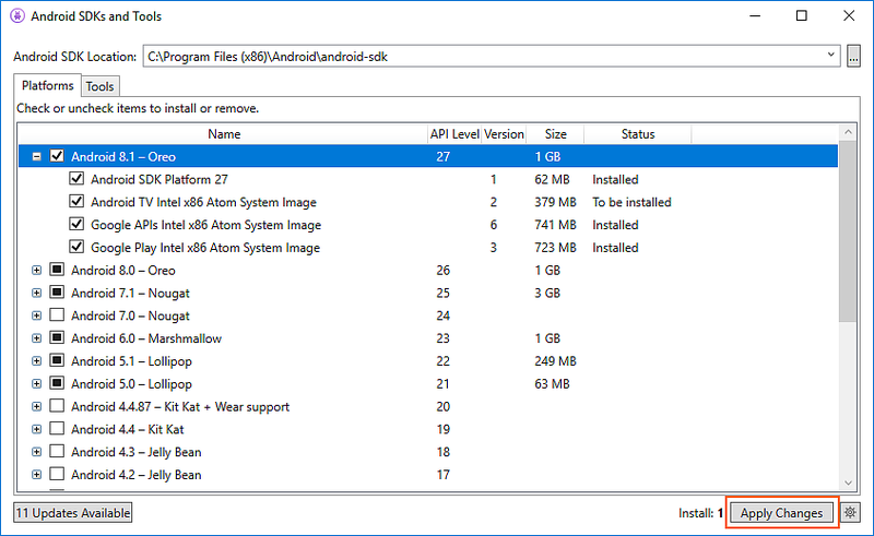 Example of adding Android 7.1 Nougat components to the Android SDK