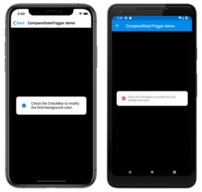 iOS 和 Android 上已觸發視覺狀態變更的螢幕快照，其中已核取觸發程式。