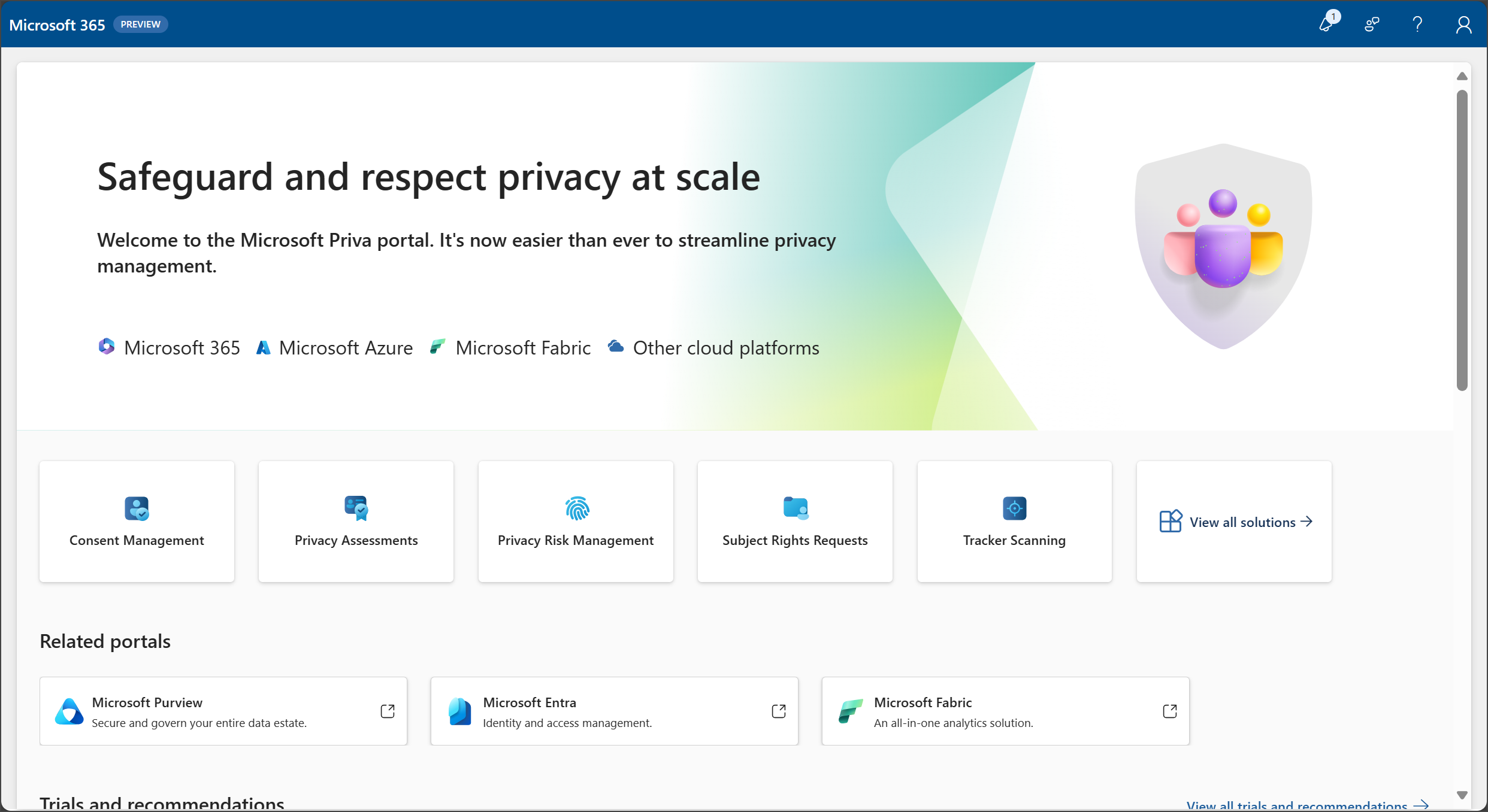 Microsoft Priva 入口網站的螢幕快照。