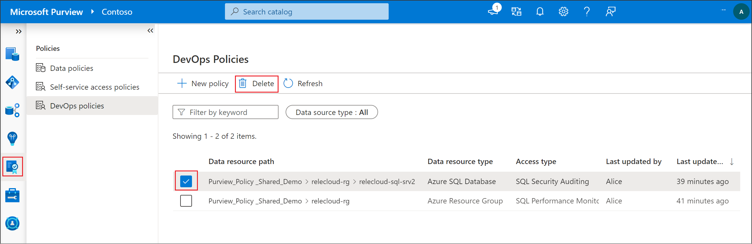 顯示刪除 SQL DevOps 原則之選取專案的螢幕擷取畫面。