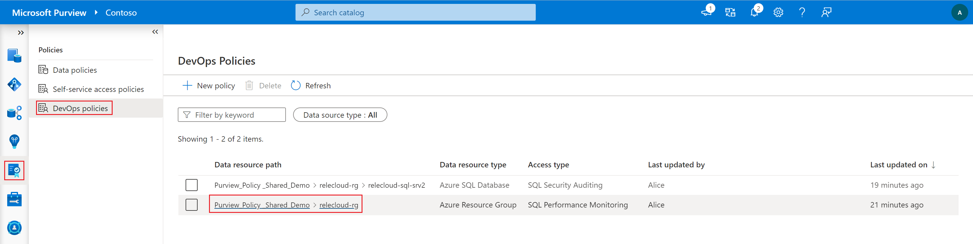 顯示開啟 SQL DevOps 原則之選取專案的螢幕擷取畫面。