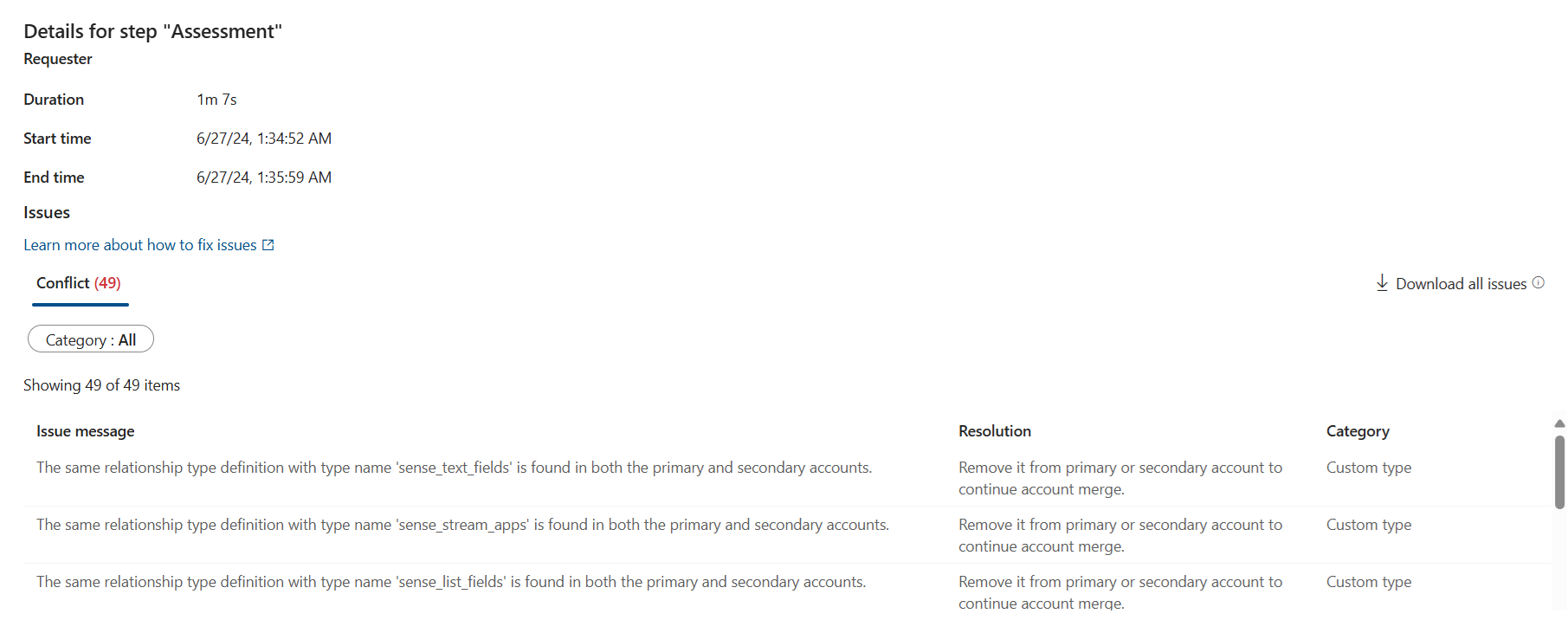 Screenshot of the details for the Assessment step during merge.