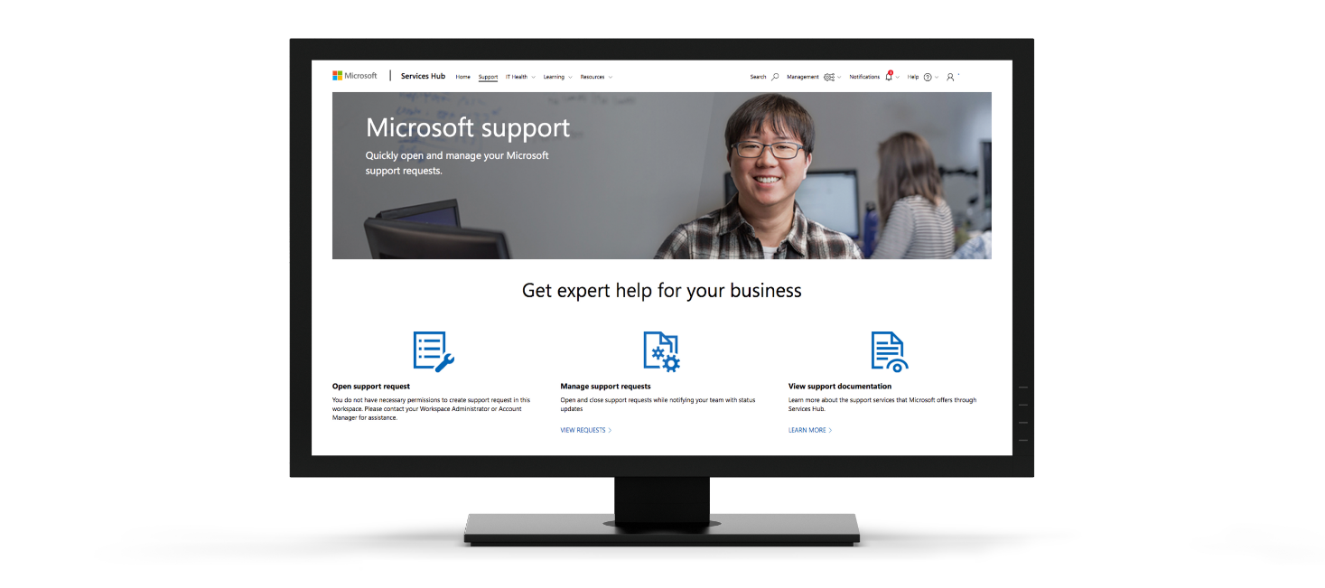 在電腦螢幕上有 Microsoft Services Hub 的相片。