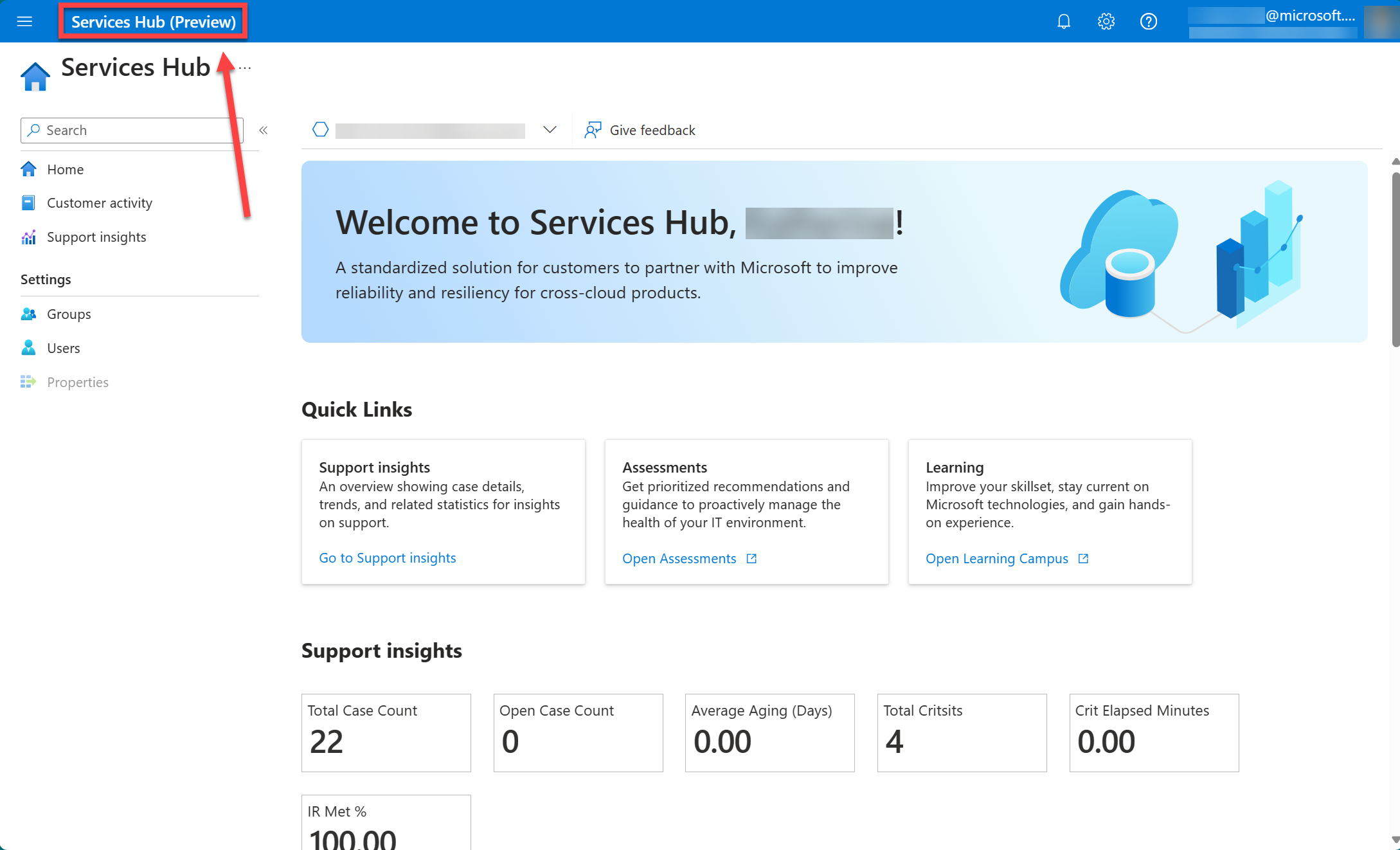 Services Hub vNext Preview 的首頁。