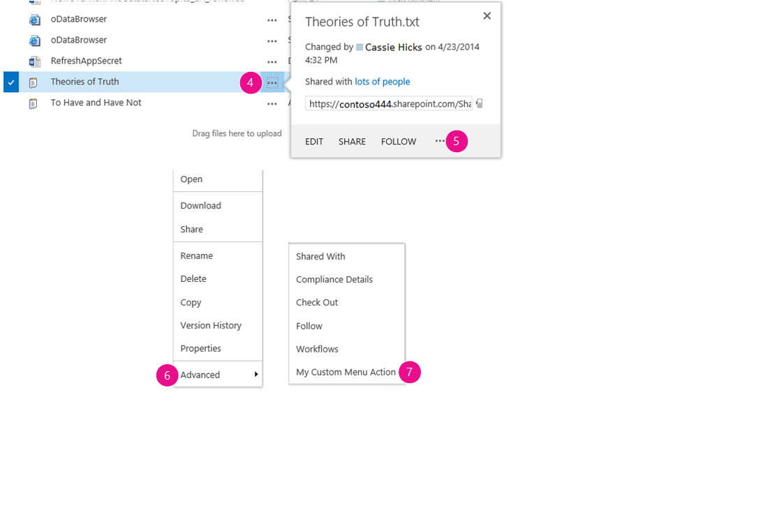 Document library with callout for a document open, the menu that the callout button on the callout opens, and the Advanced menu open