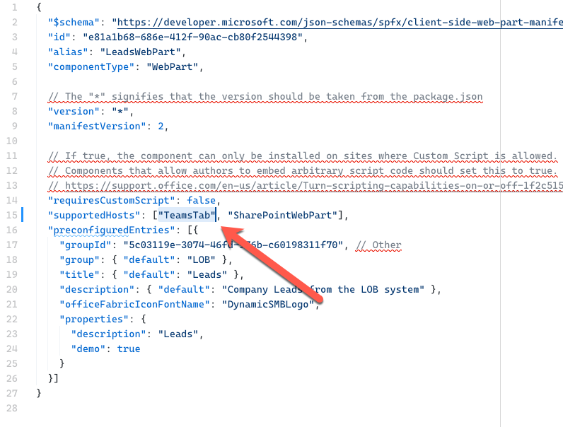 TeamsTab host added to the supportedHosts property in a web part manifest