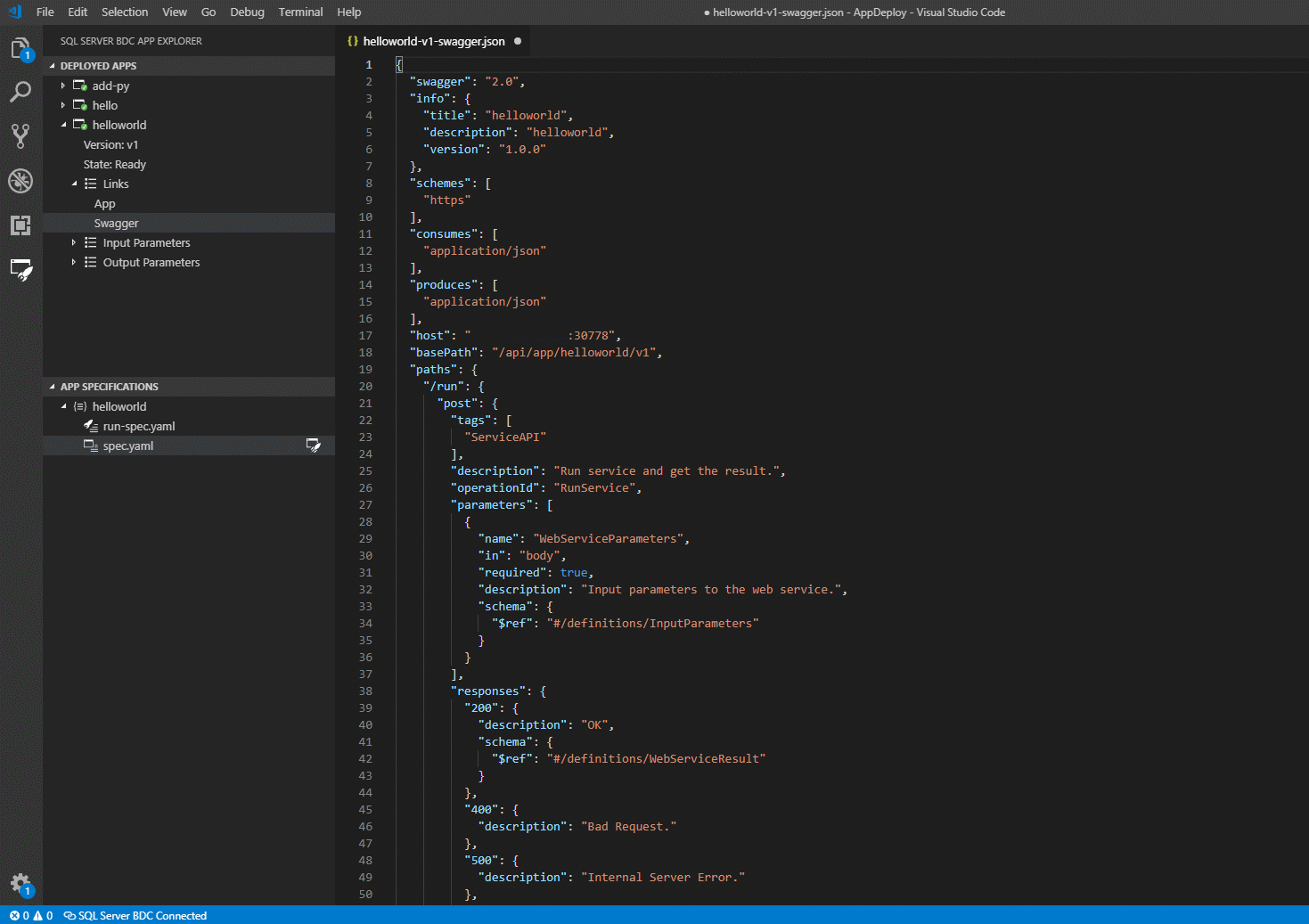 顯示 Visual Studio Code UI 的螢幕擷取畫面，其中顯示 swagger.json 檔案。