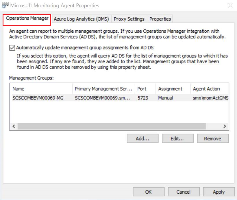 Microsoft Monitoring Agent 的螢幕擷取畫面。