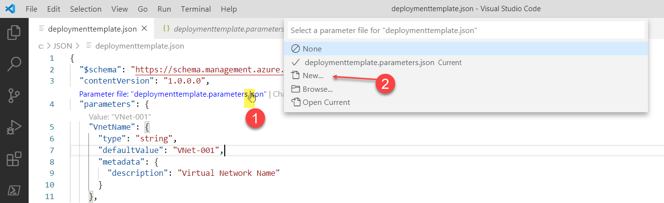 顯示選取項目的螢幕擷取畫面，這些選取項目用於在 Visual Studio Code 中建立參數檔案。