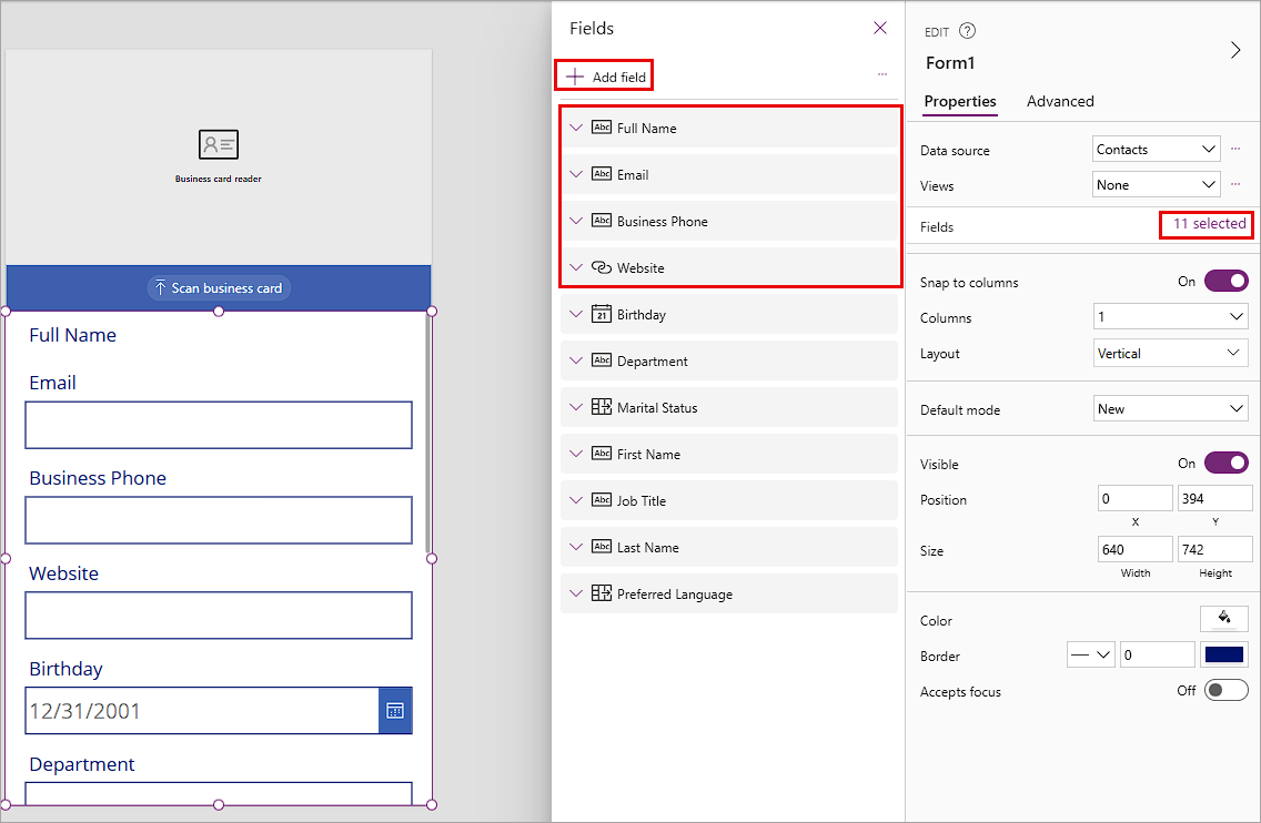 Screenshot of the Form Fields panel with the Add field button selected and a box around the four fields at the top of the form listed above.