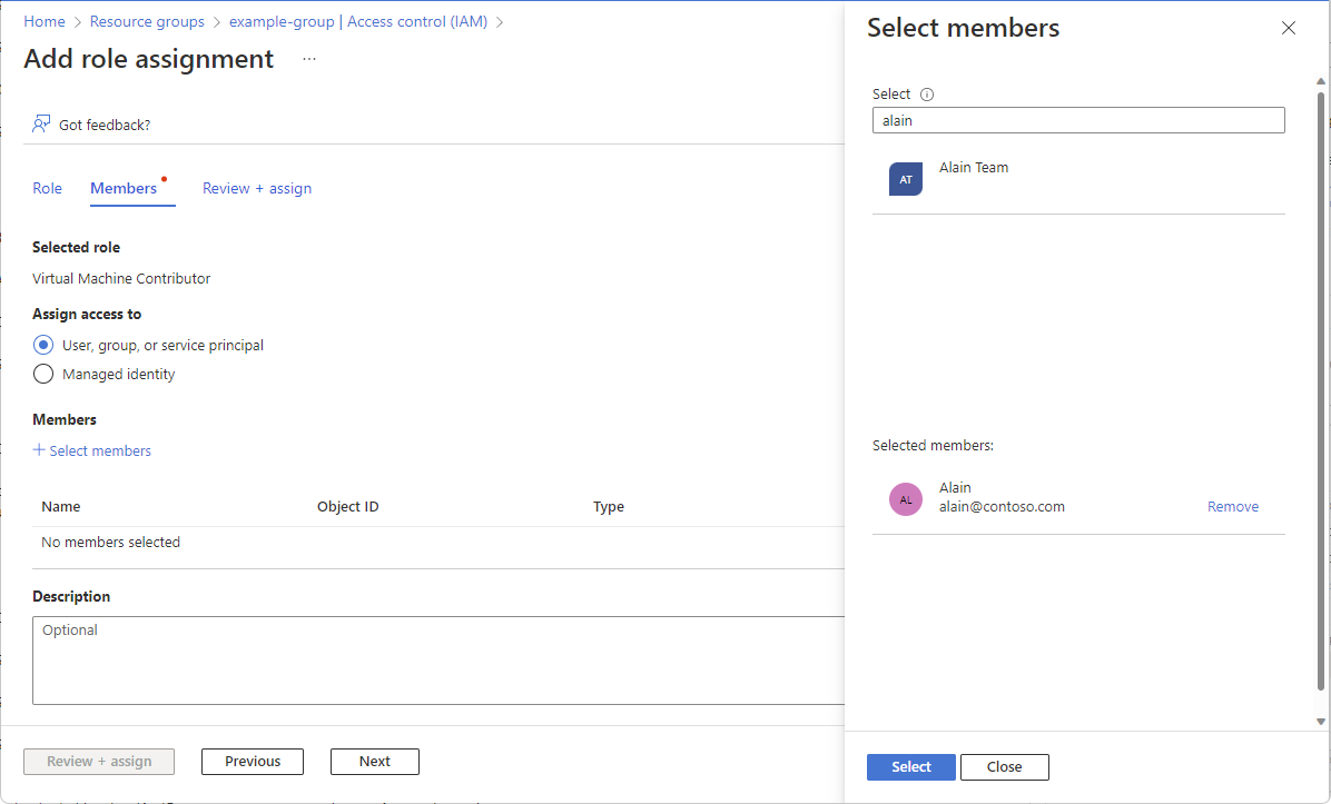 Screenshot of the add role assignment page that shows the select members option.