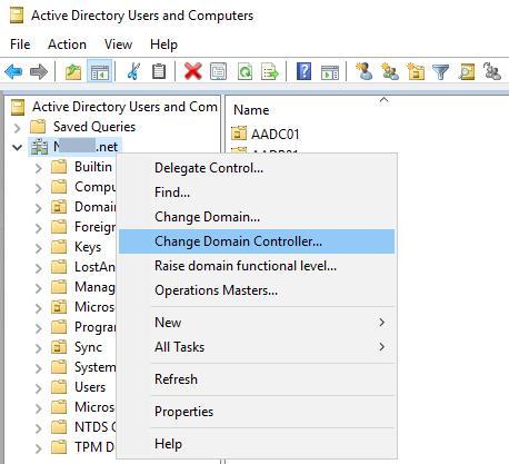 Active Directory [變更域控制器] 選項的螢幕快照。