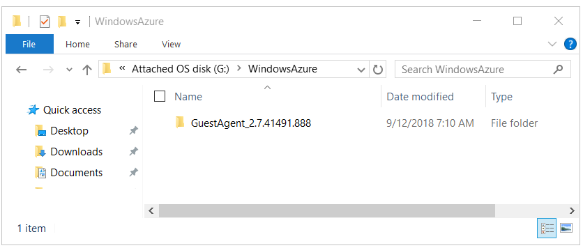 連結OS磁碟中 GuestAgent 資料夾範例的螢幕快照。