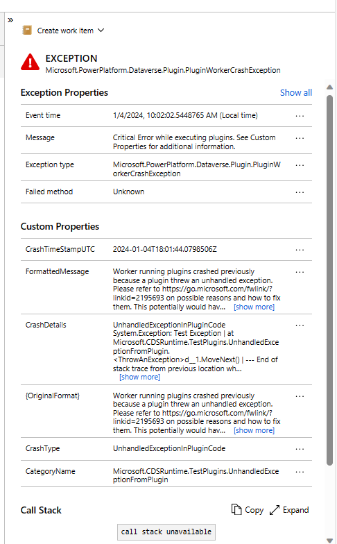 Application Insights 外掛程式損毀報告的範例。