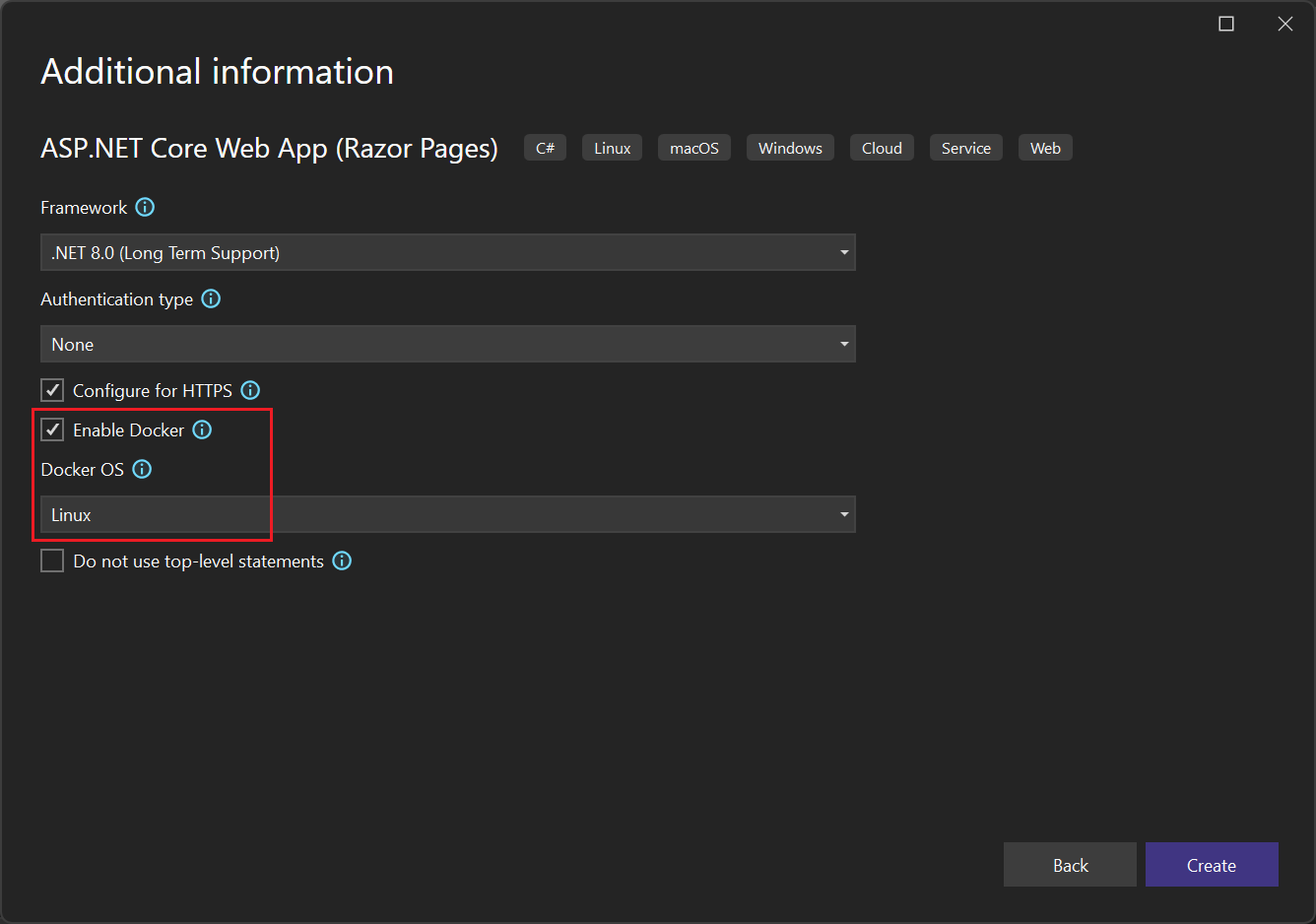 顯示如何在 Visual Studio 2022 中建立新的 ASP.NET Core Web 應用程式專案的螢幕擷取畫面。