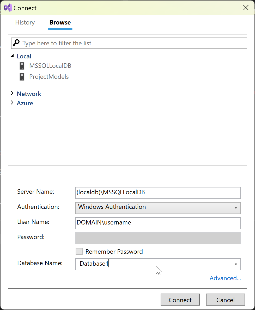 SQL Server 物件總管 [連接] 對話方塊的螢幕擷取畫面。